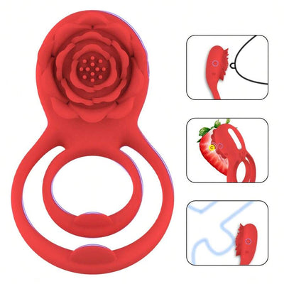 Rose Vibrating Cock Ring with Rose Clitoral Stimulator Silicone Penis Ring Vibrator Adult Sex Toy Men Women Couple Fun