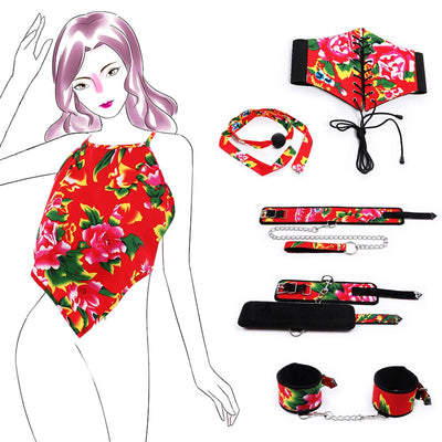 Adult SM Bondage Kits Sex Toys for Couples Floral Cloth Handcuffs Ankle Cuffs Neck Set Mouth Gag Corset Bellyband BDSM Flirt Toy