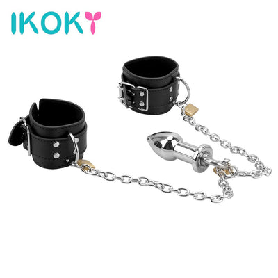 IKOKY Handcuff Bondage Kit Sex Toys for Women Leather Wrist Cuff Sex Restraints with Anal Plug Anal Plug Erotic Enema