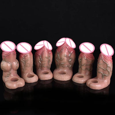 FAAK Silicone Realistic Penis Sleeve Cock Sleeve Extender Enlarger Thick Hollow Dildo Penis Ring Adult Toys for Men Masturbation