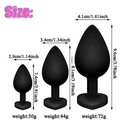 Silicone Anal Plug Set 3 Sizes Heart Jewel Base Soft Butt Plug Trainer Prostate Massager Sex Toy for Women Men Couples