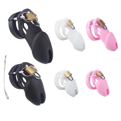 Silicone Chastity Cage Male Cock Lock with 5 Penis Rings Sex Toys for Sissy Men Femboy Stretcher BDSM Gay Erotic Urethral Device