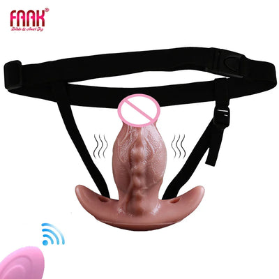 FAAK Wireless Control Vibrating Wearable Thick Anal Plug Strapon Realistic Silicone Dildos Vibrator BDSM Sex Toy for Women Men