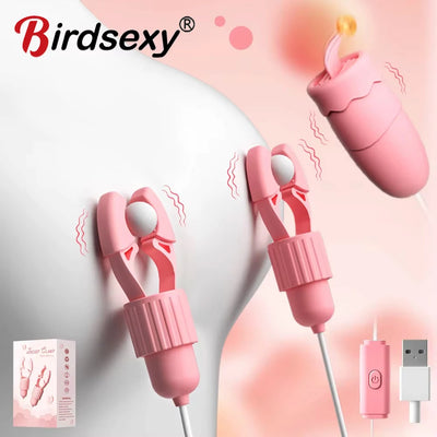 Vibrating Nipple Clamp Tongue Licking Sucking Vibrator for Women Breast Massage Labia Clitoris Clip Stimulation Massager Sex Toy