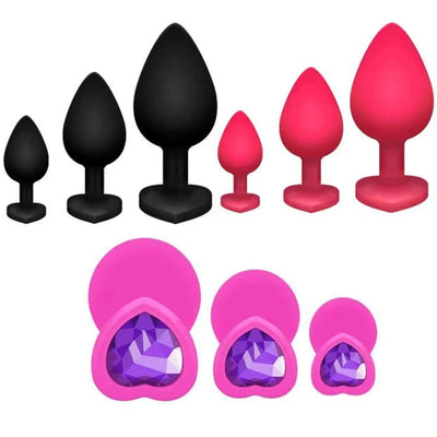 Silicone Anal Plug Set 3 Sizes Heart Jewel Base Soft Butt Plug Trainer Prostate Massager Sex Toy for Women Men Couples